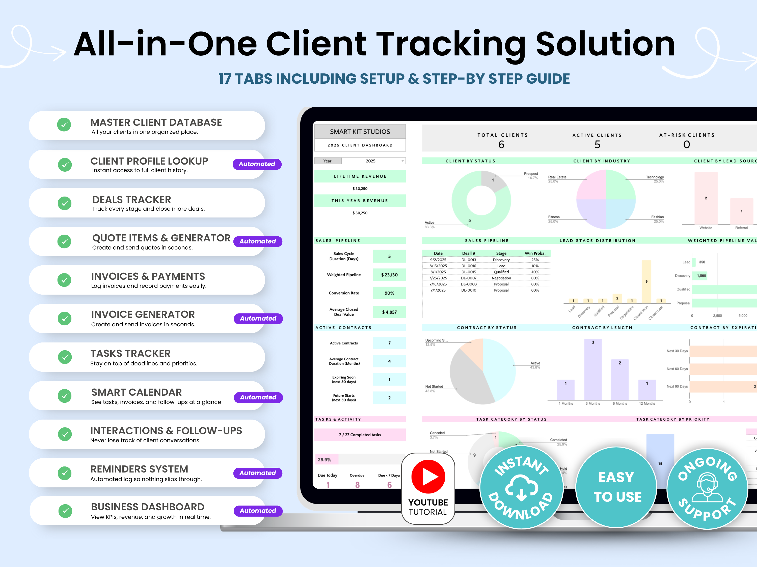 All-in-One Client Tracking Solution with features listed on a blue background