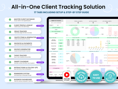 All-in-One Client Tracking Solution with features listed on a blue background