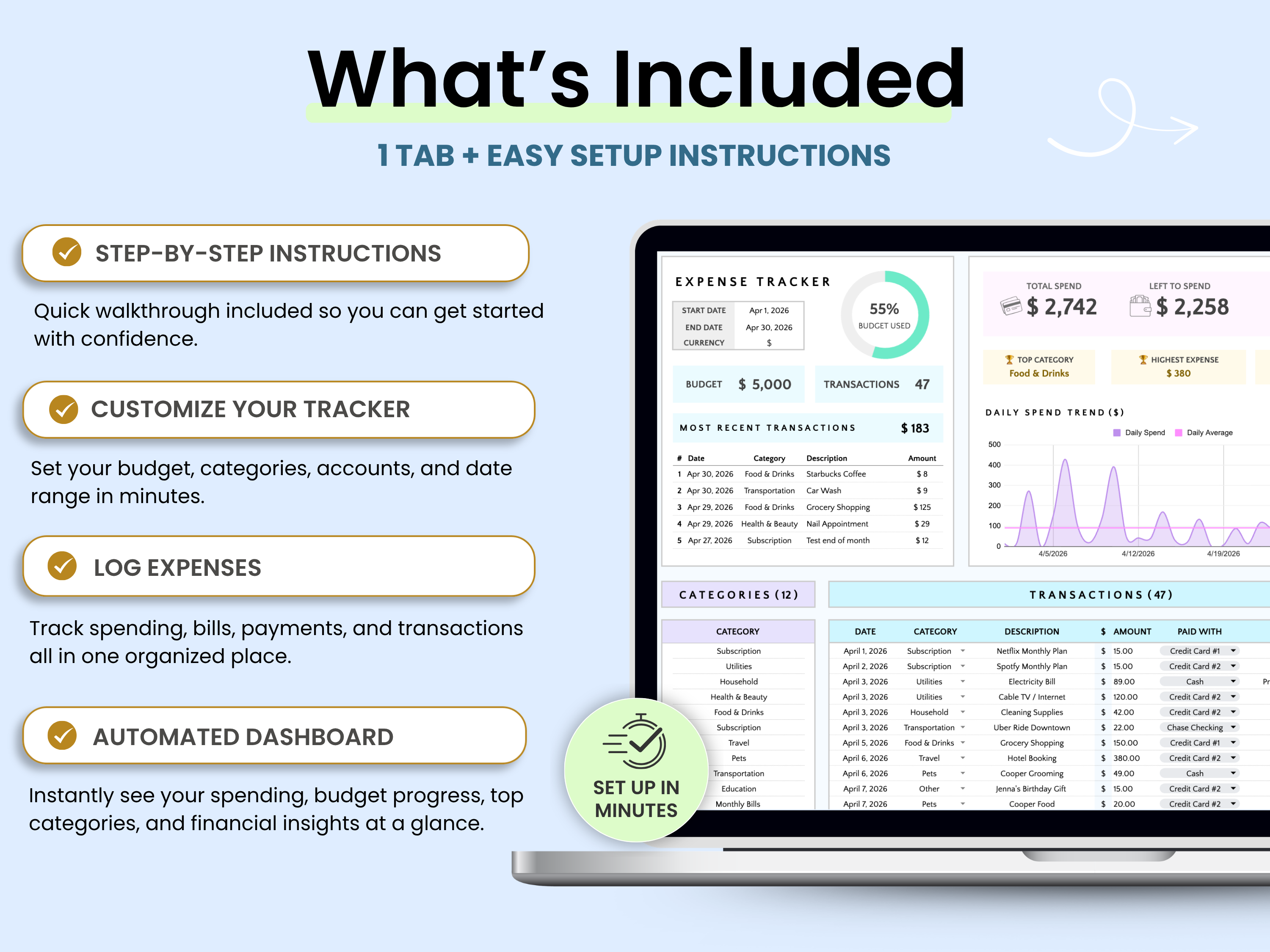 what's included in the expense tracker sheet