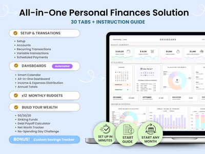 All-in-One Personal Finances Solution with laptop displaying financial dashboard on a light blue background