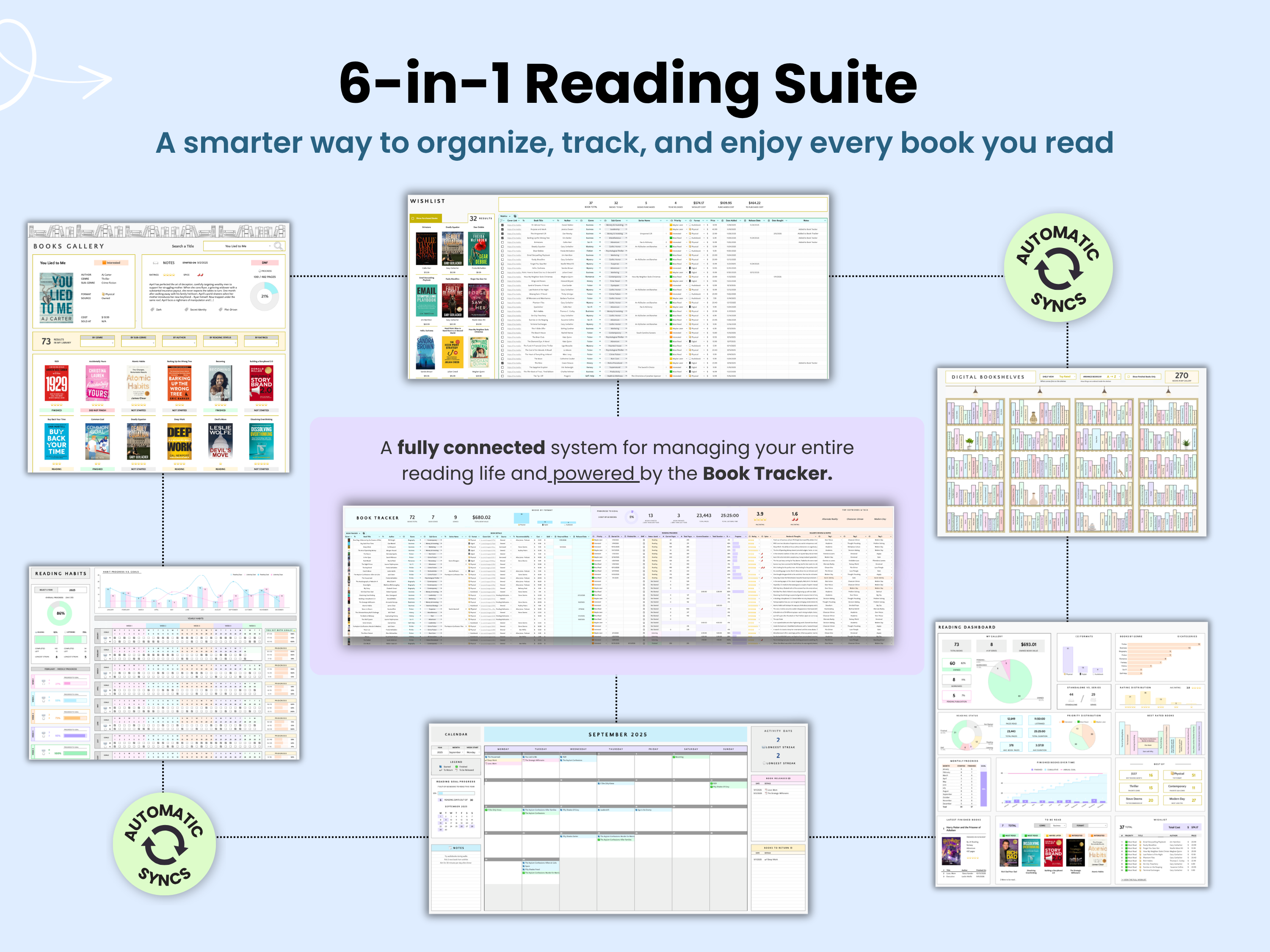 6-in-1 Reading Suite software interface with various modules on a light blue background