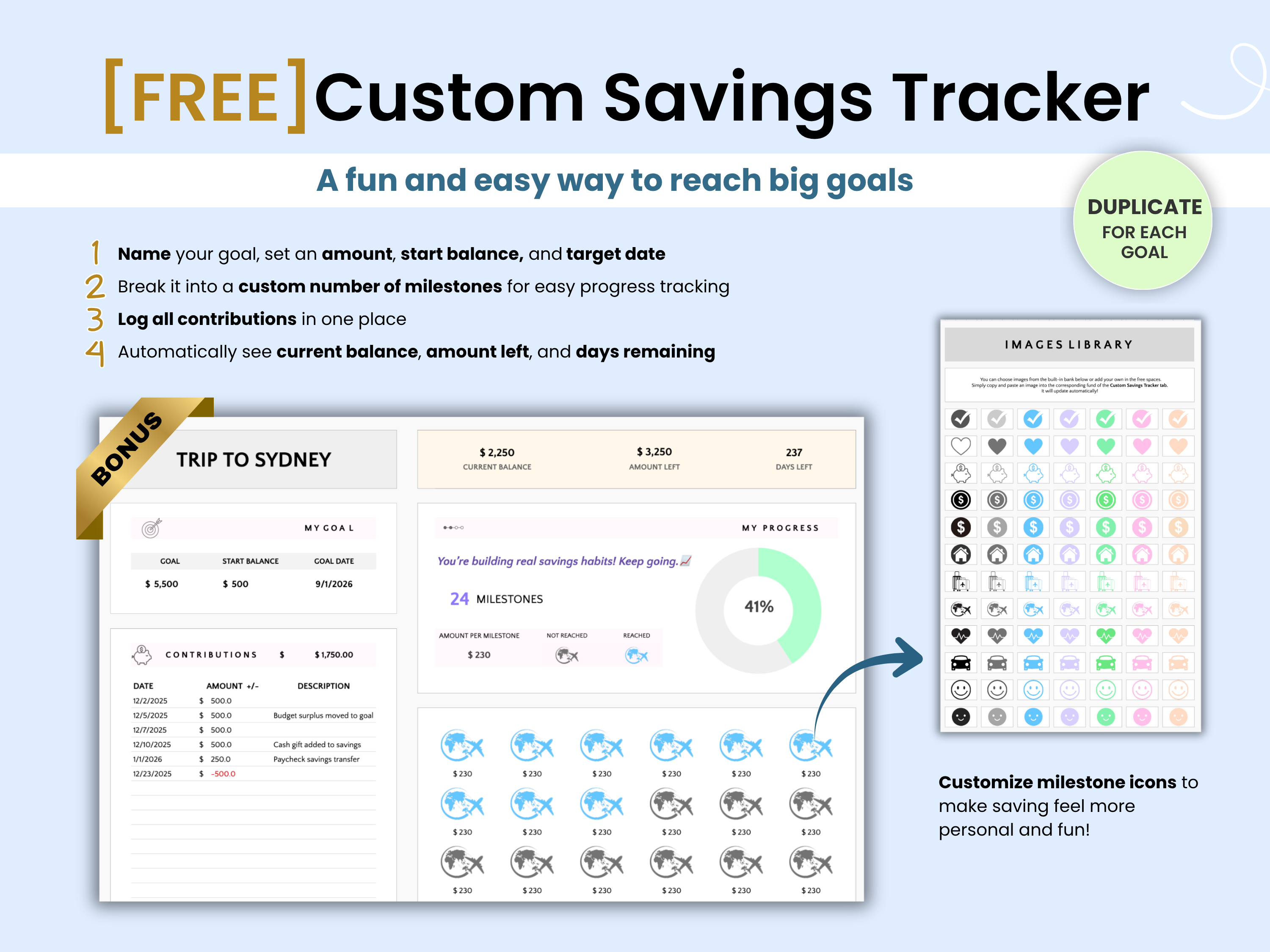 Custom Savings Tracker app interface with milestone icons and goal tracking features.