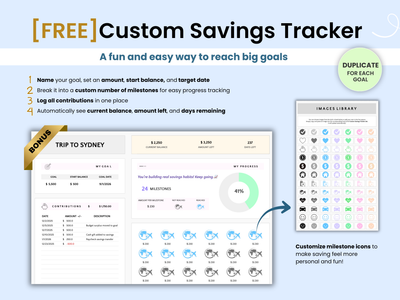 Custom Savings Tracker app interface with milestone icons and goal tracking features.