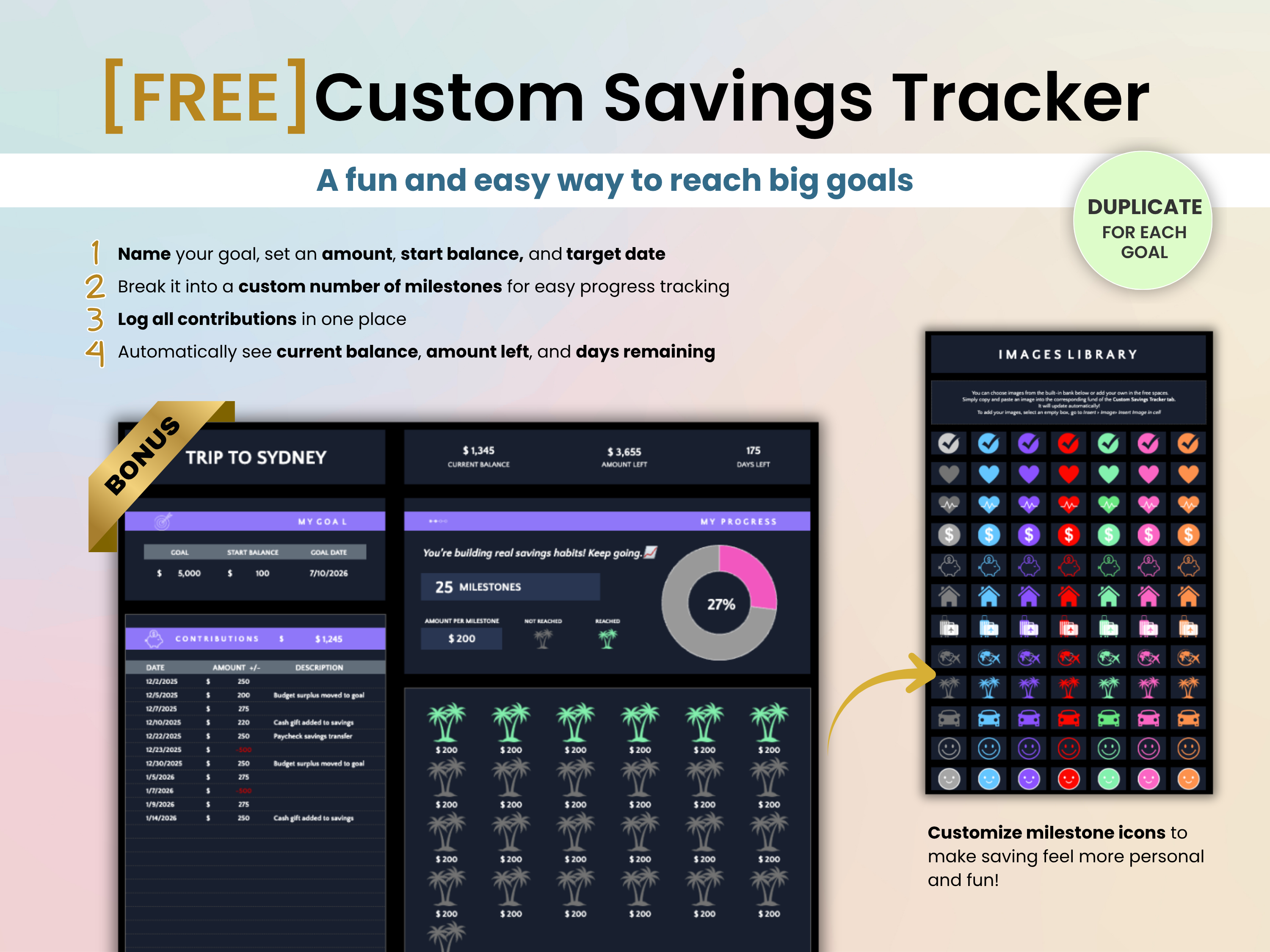 Custom Savings Tracker software with milestone icons on a light pink background