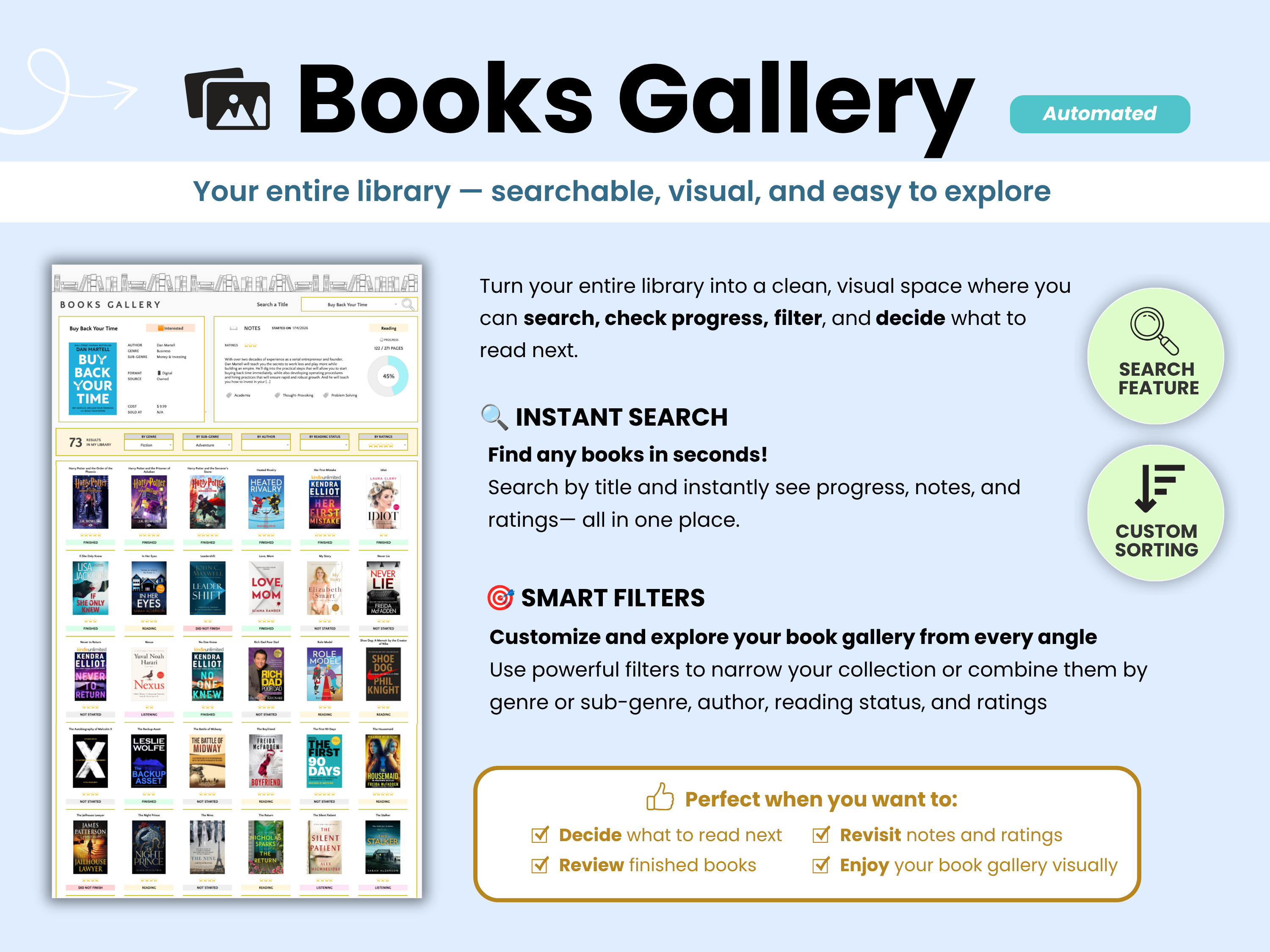Books Gallery to search, check progress, and decide what to read next