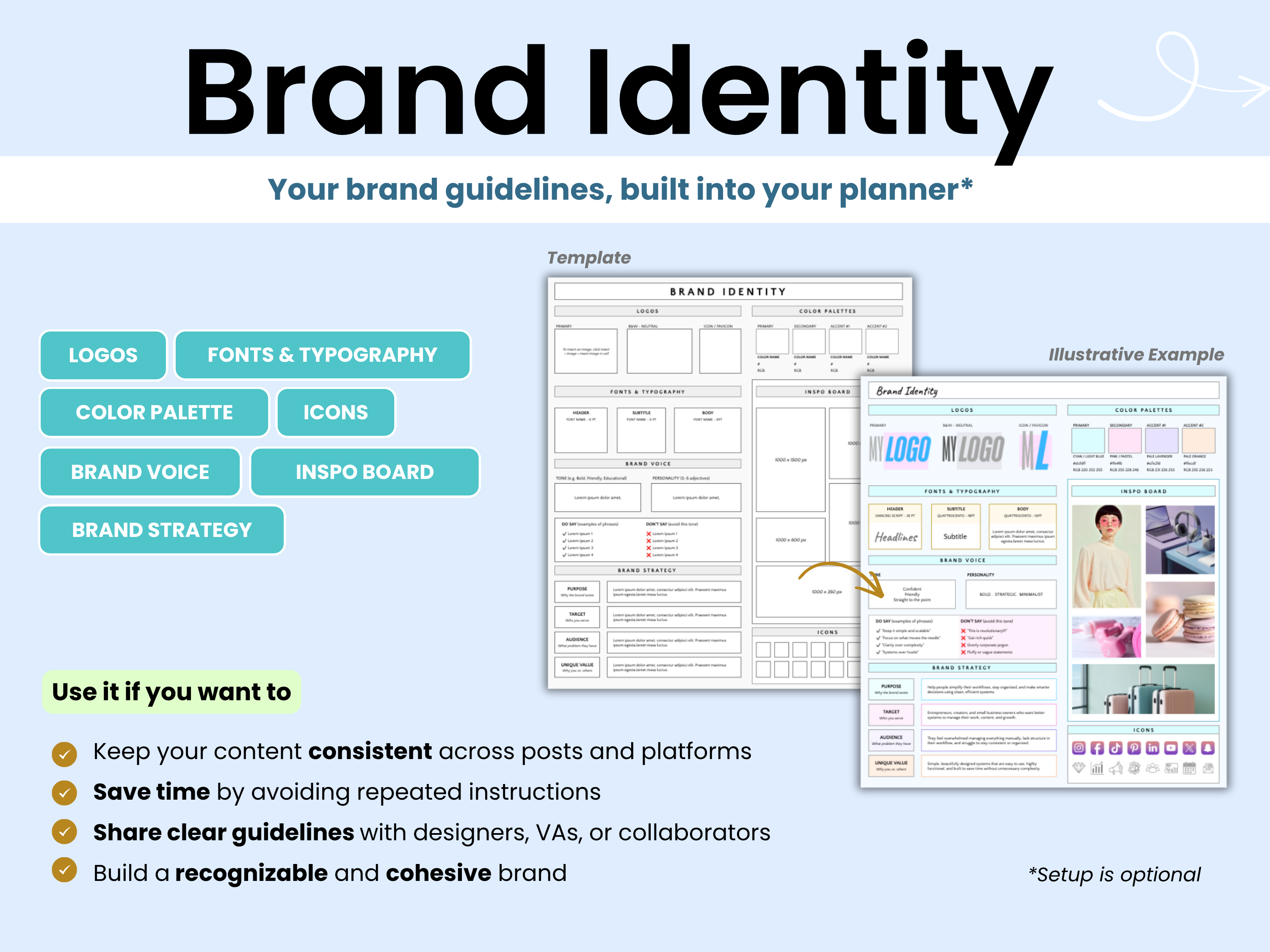 Brand Identity planner with sections for logos, fonts, color palette, icons, brand voice, and strategy on a light blue background.
