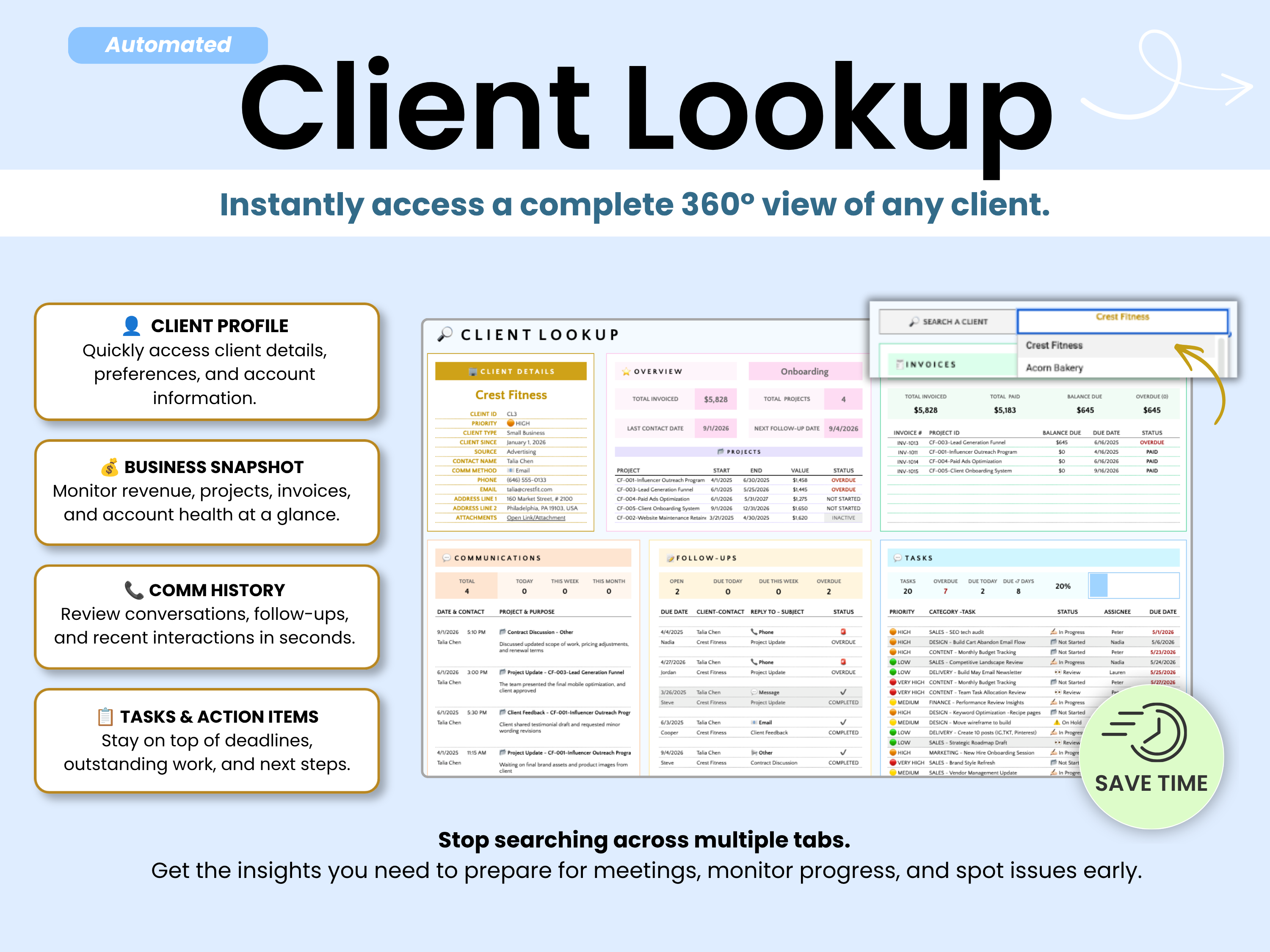 Client lookup tool with features and benefits on a white background