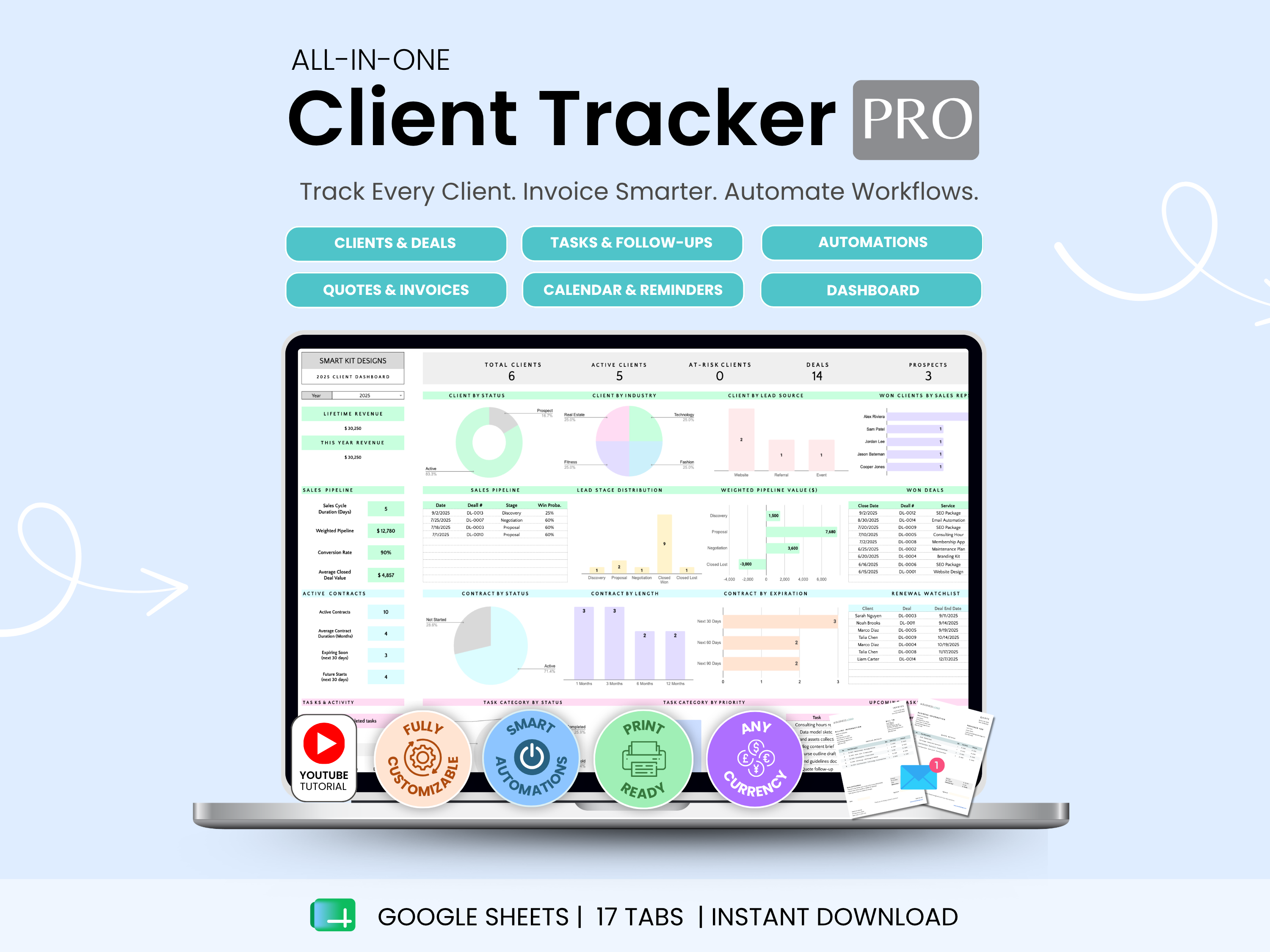All-in-one client tracker software with a laptop displaying the software interface on a light blue background.