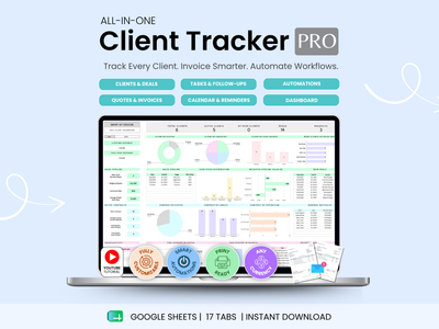 All-in-one client tracker software with a laptop displaying the software interface on a light blue background.