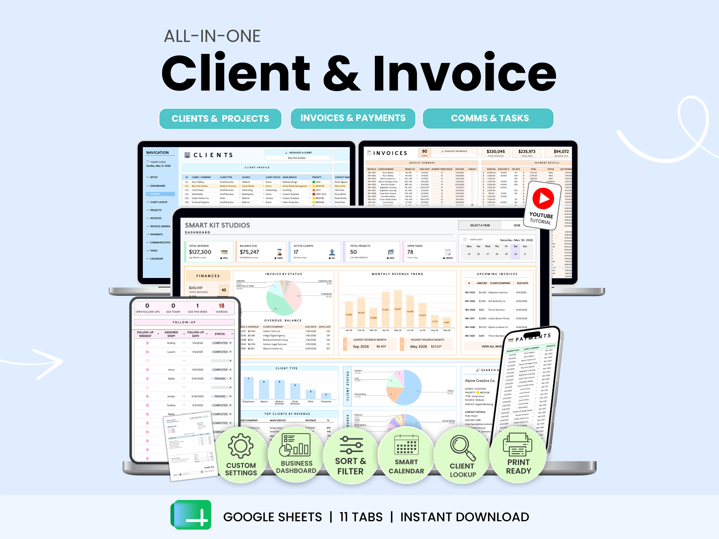 All-in-one client and invoice software with multiple device views on a light blue background