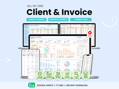 All-in-one client and invoice software with multiple device views on a light blue background