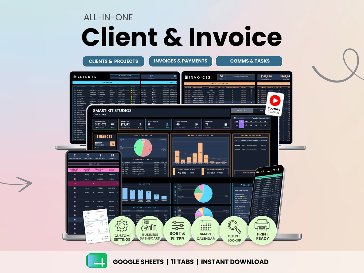 Promotional graphic for an all-in-one Client & Invoice management template, showing multiple device mockups with dark dashboard screens, charts, and graphs. Text at the top reads 'ALL-IN-ONE Client & Invoice' and the bottom banner says 'GOOGLE SHEETS | 11 TABS | INSTANT DOWNLOAD' with a green Google Sheets icon.