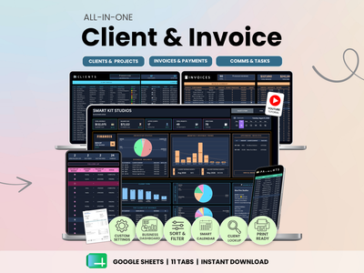 Promotional graphic for an all-in-one Client & Invoice management template, showing multiple device mockups with dark dashboard screens, charts, and graphs. Text at the top reads 'ALL-IN-ONE Client & Invoice' and the bottom banner says 'GOOGLE SHEETS | 11 TABS | INSTANT DOWNLOAD' with a green Google Sheets icon.