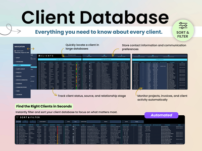 Promotional graphic for a client database software feature, showing screenshots of a dark-themed client database interface with callout text highlighting features like sorting and filtering, contact information storage, and project/invoice tracking.