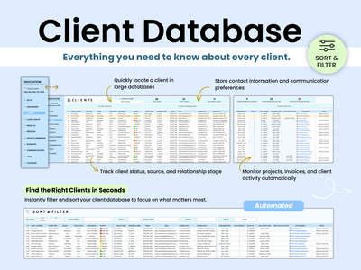 Client database software interface with sorting and filtering features on a blue background