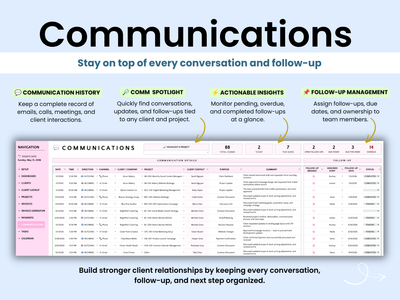 Software interface for managing communications with clients, showing features like communication history, spotlight, insights, and follow-up management.