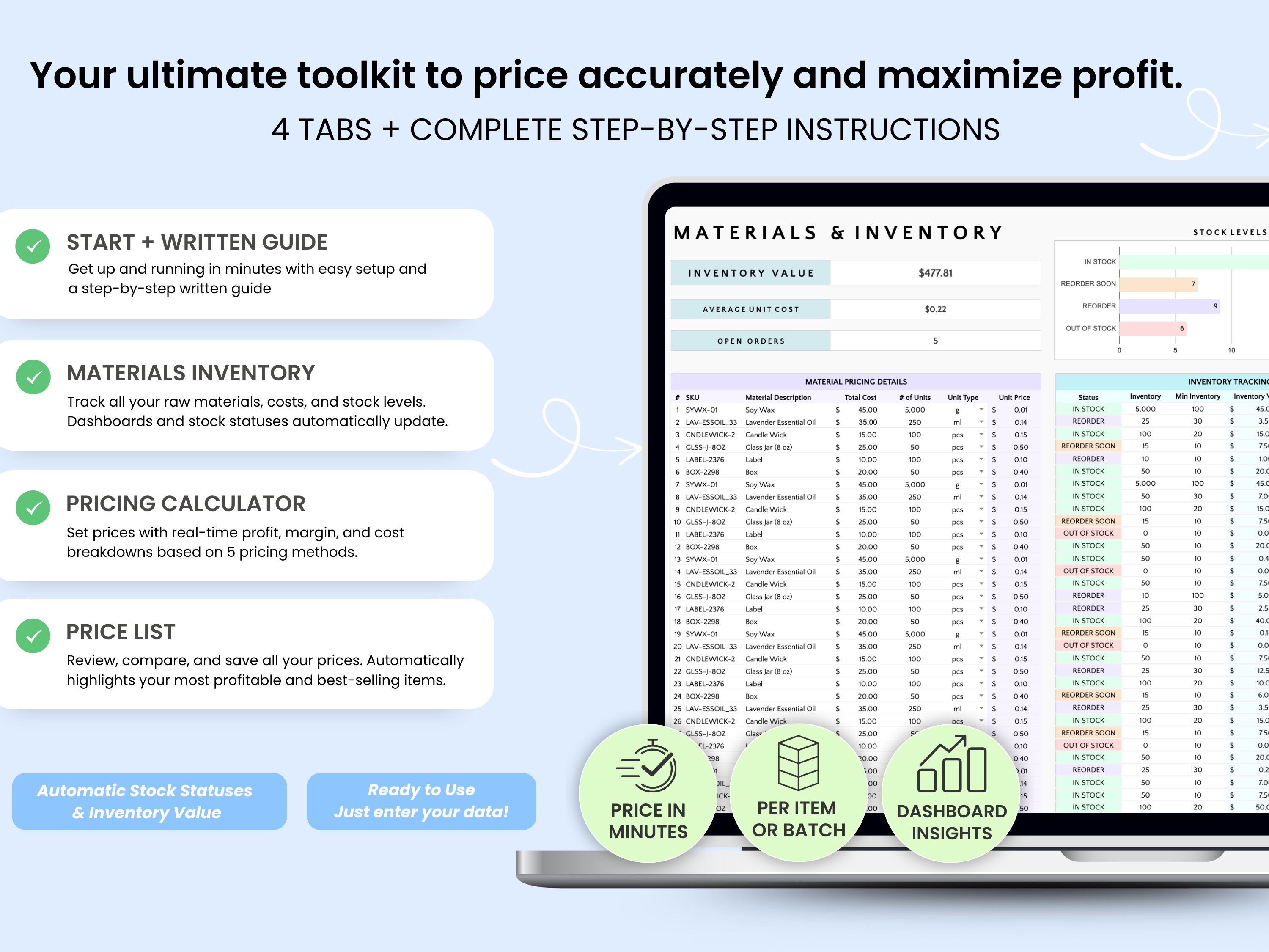 Software tool for pricing materials with inventory management features on a laptop screen.