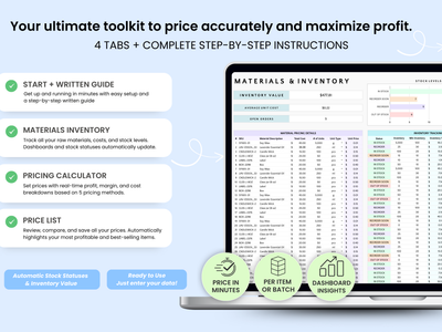 Software tool for pricing materials with inventory management features on a laptop screen.