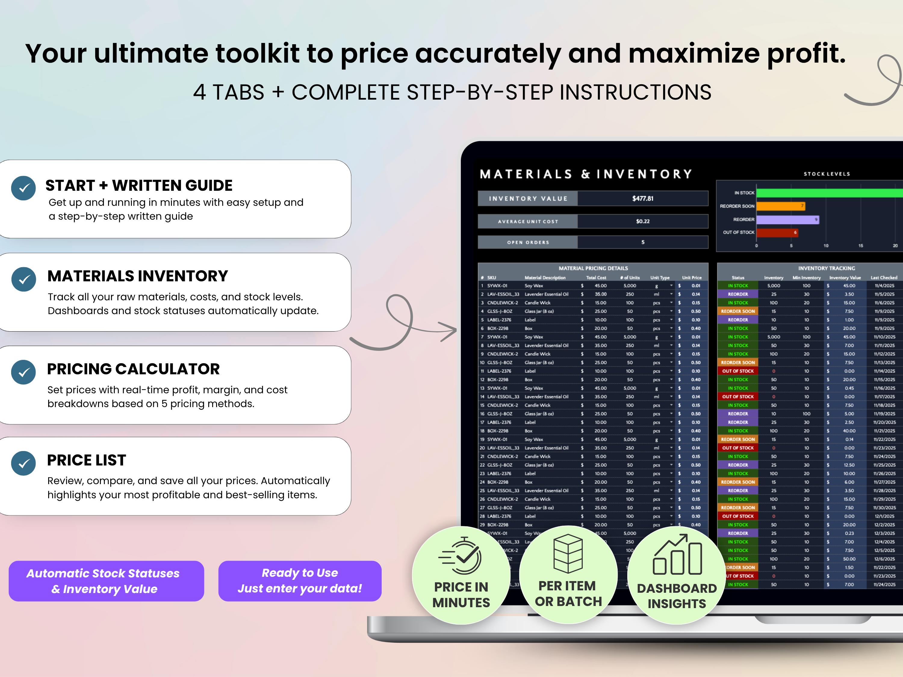 Software tool for pricing and inventory management with a laptop displaying the software interface.