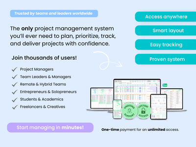 Advertisement for a project management google sheets system with features and benefits highlighted.