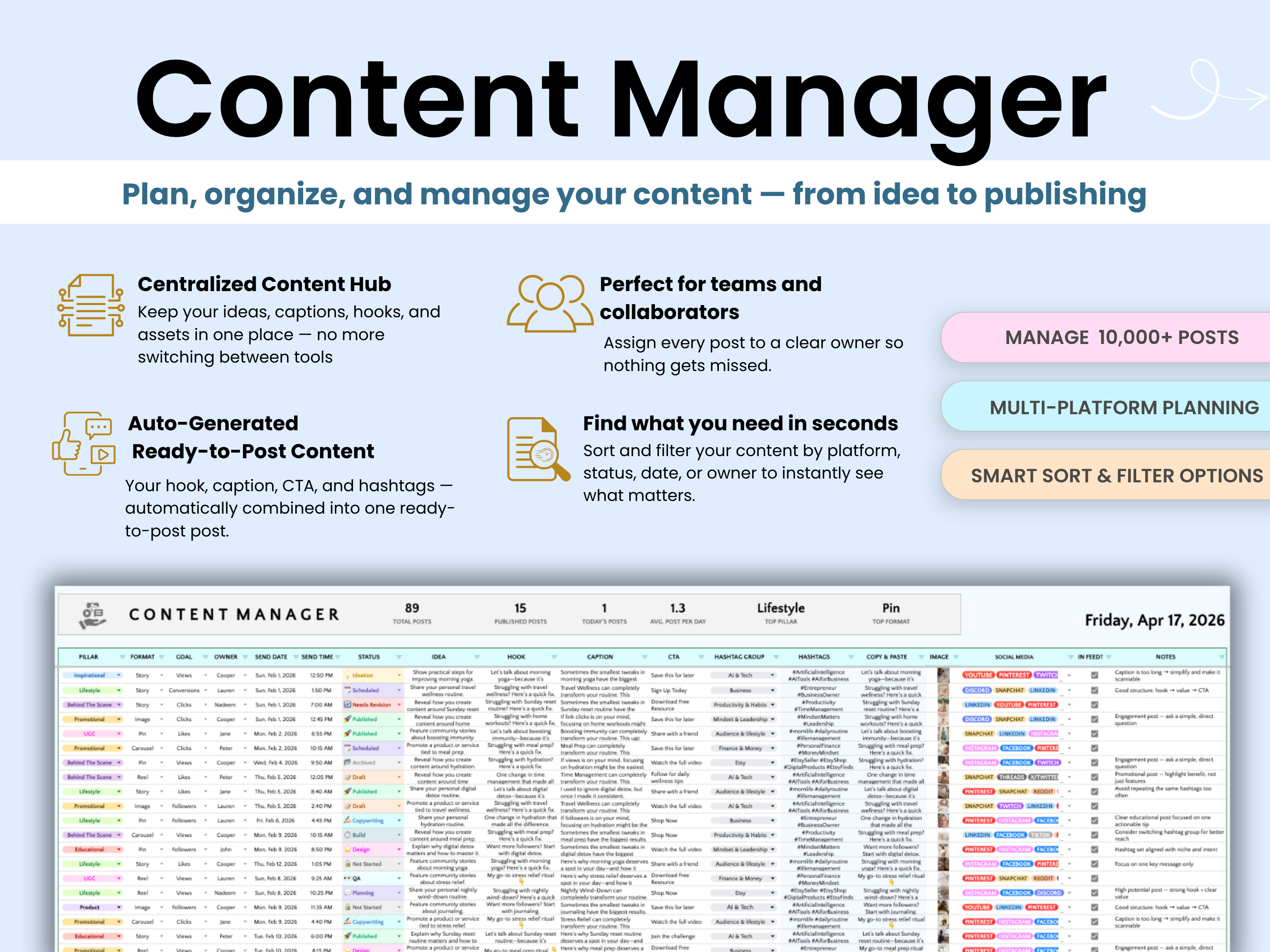 Content Manager software interface with a list of posts and features.