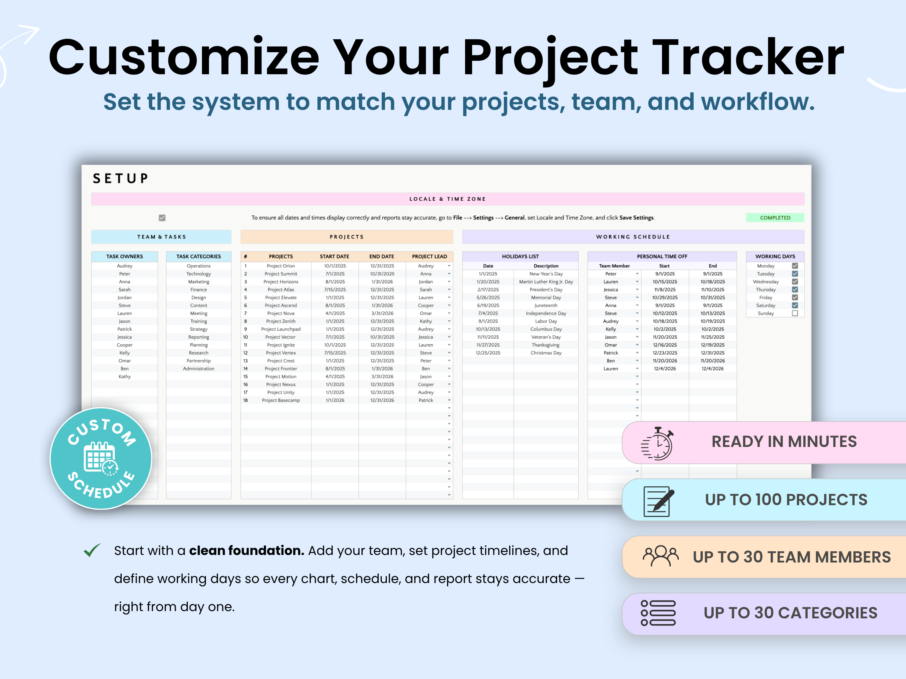 Project tracker software with setup screen and customization options.