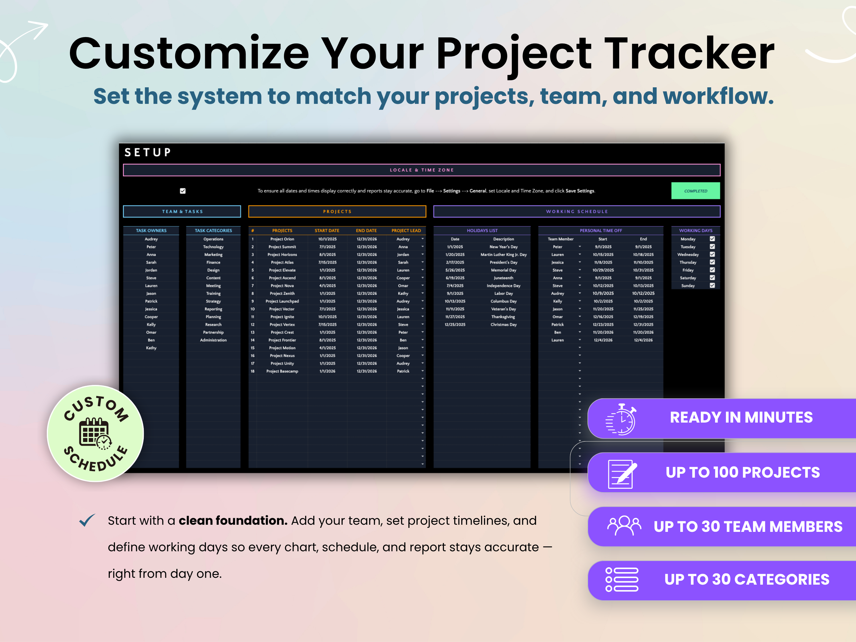 Project tracker software with setup screen and feature highlights on a gradient background