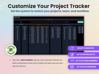 Project tracker software with setup screen and feature highlights on a gradient background