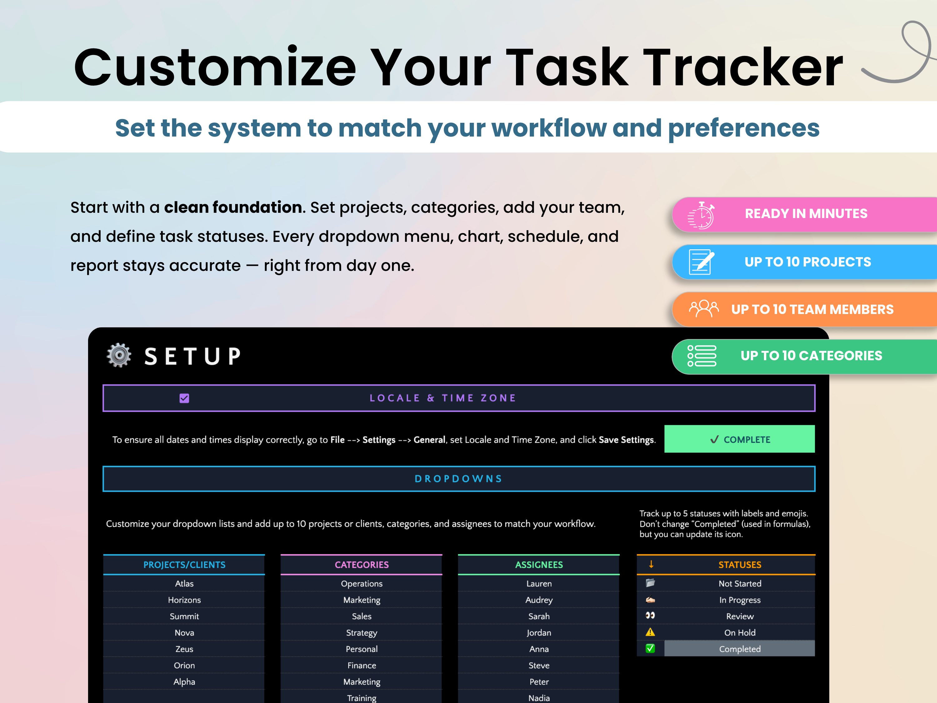 Task tracker setup interface with customization options on a gradient background