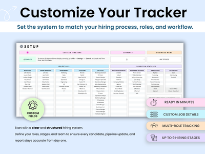Hiring process tracker software interface with customization options on a blue background