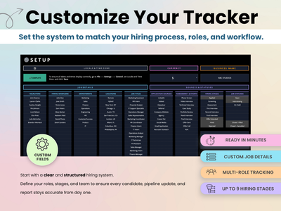 Hiring tracker system setup interface with customization options on a gradient background