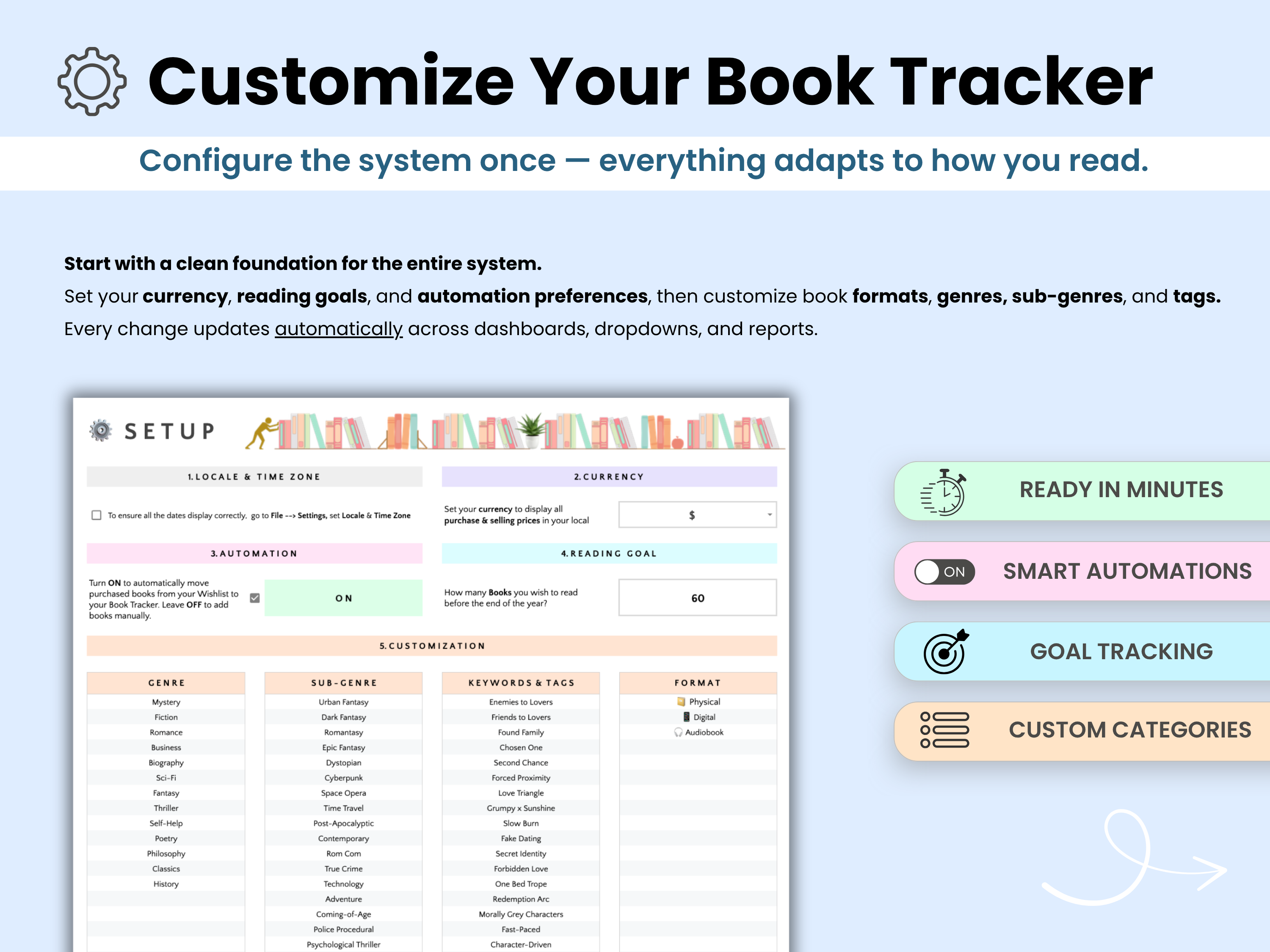 Book tracker customization interface with setup form and features listed on a light blue background.