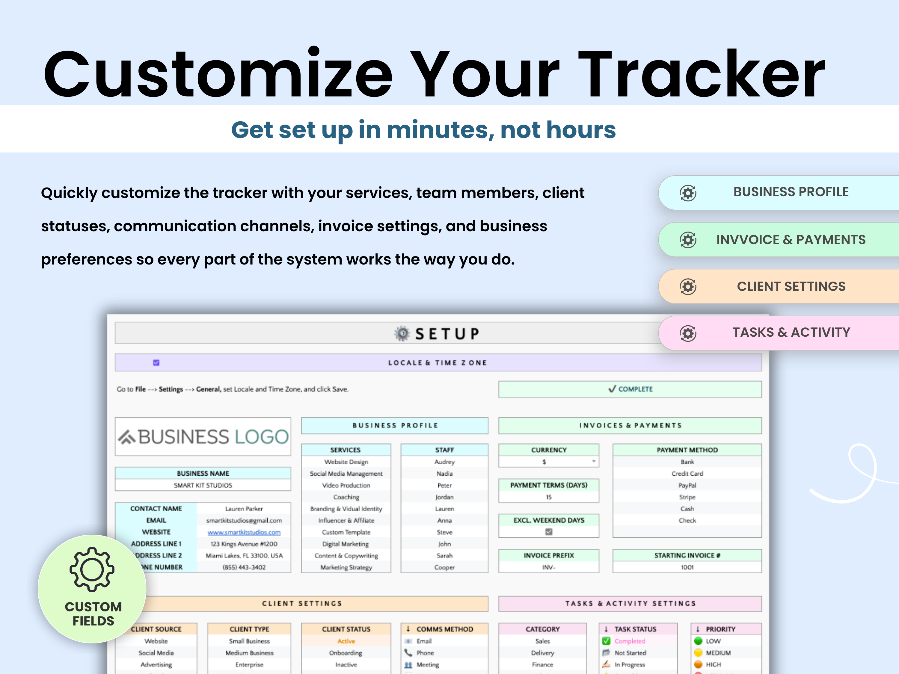 Screenshot of a customizable tracker setup interface with various fields and options.