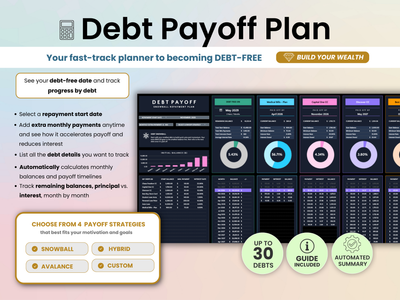 Debt payoff plan tool with features and benefits on a light pink background