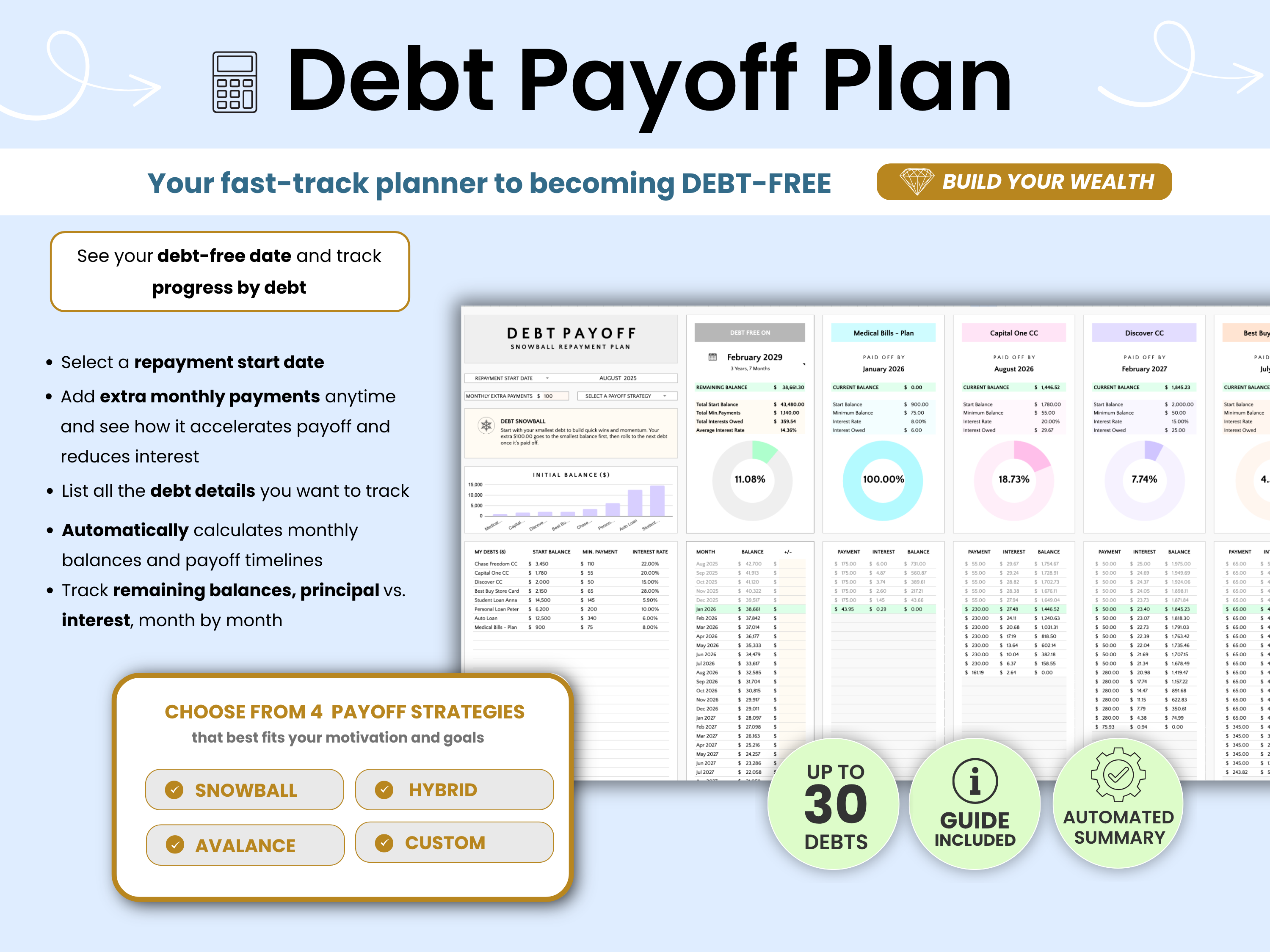 Debt payoff plan tool with features and benefits on a white background