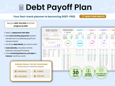 Debt payoff plan tool with features and benefits on a white background