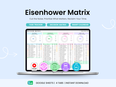 Laptop displaying the Eisenhower Matrix with task tracker, decision matrix, and smart calendar features on a light blue background.