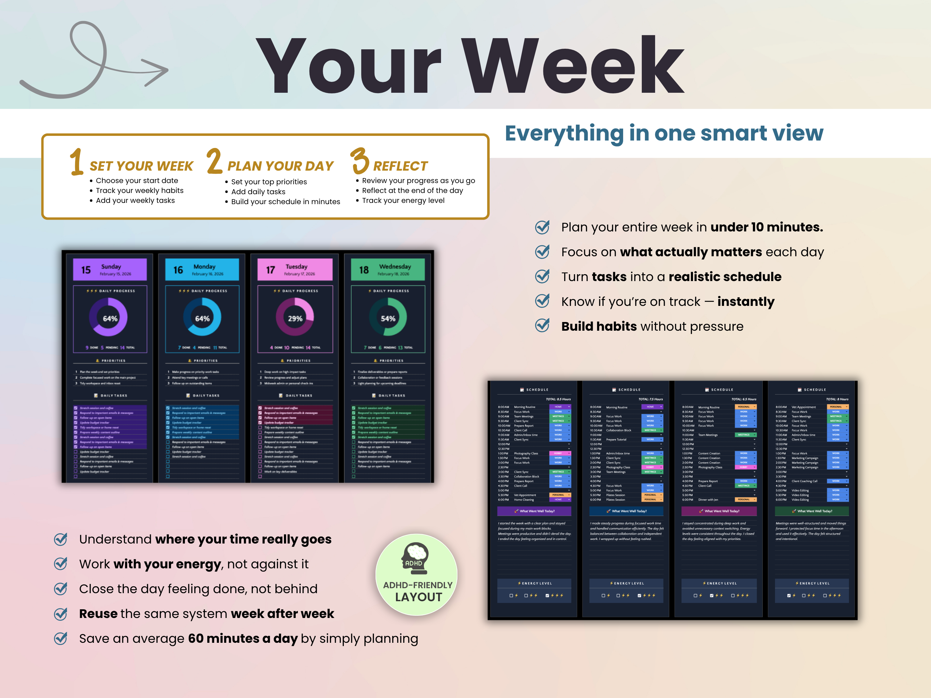Everything in one smart view. Set your week, plan your day and reflect
