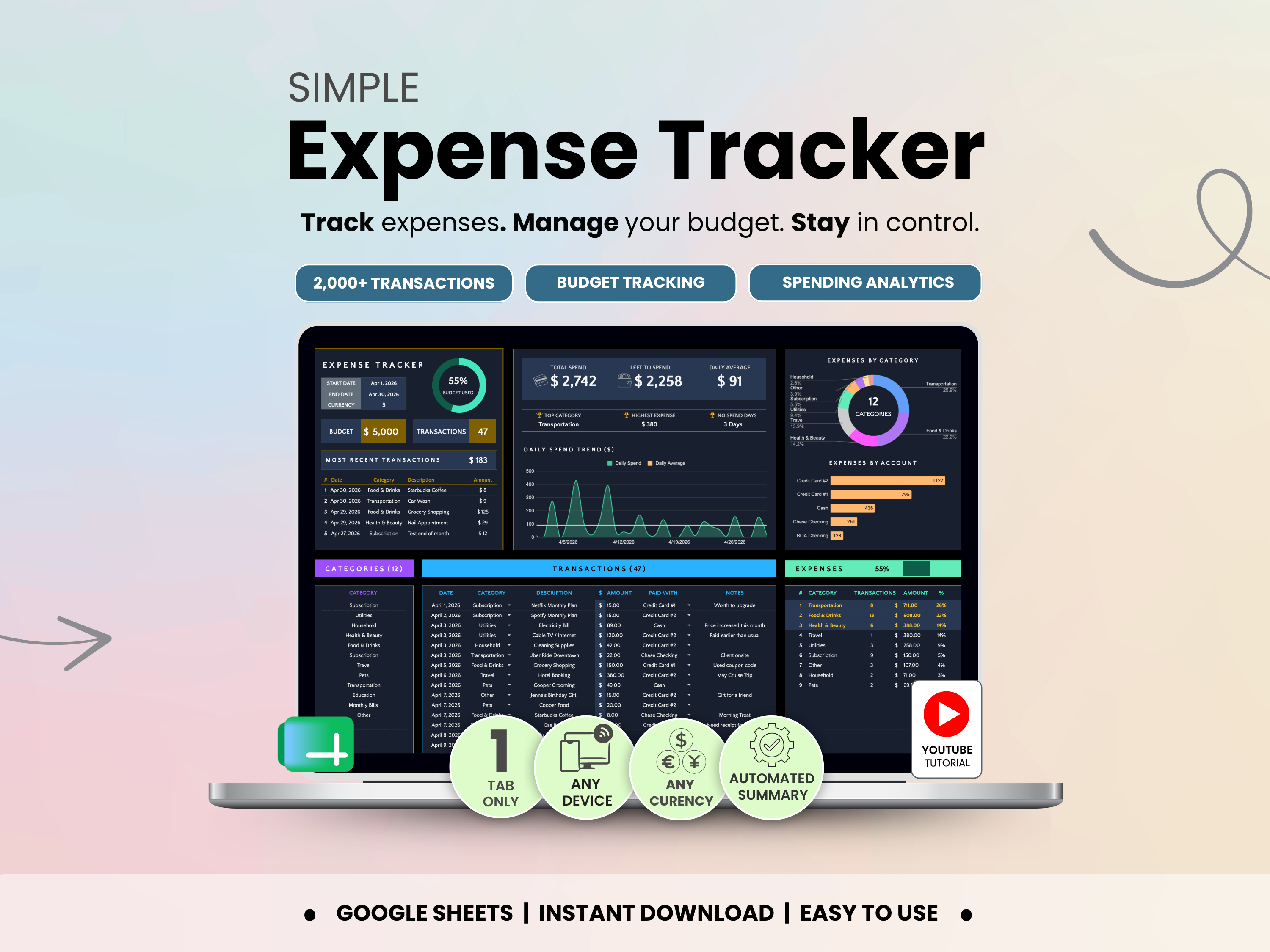 Expense tracker dark mode Spreadsheet by Smart Kit Designs