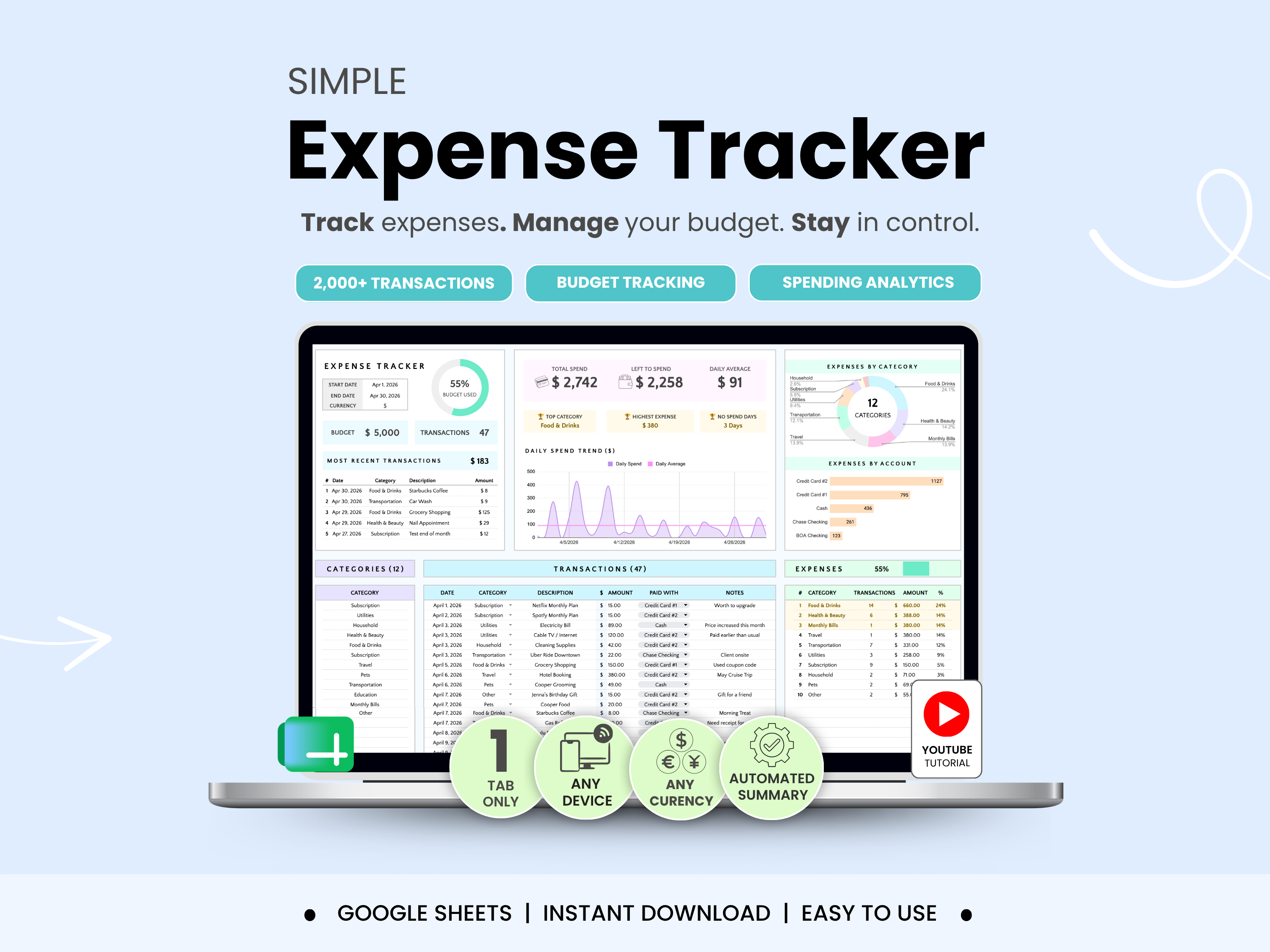 Expense tracker software with a laptop displaying the software interface on a light blue background.