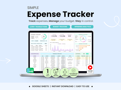 Expense tracker software with a laptop displaying the software interface on a light blue background.