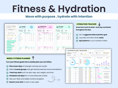 A promotional graphic for a digital fitness and hydration planner set, showing sample pages of a weekly fitness planner and a hydration tracker on a light blue background.