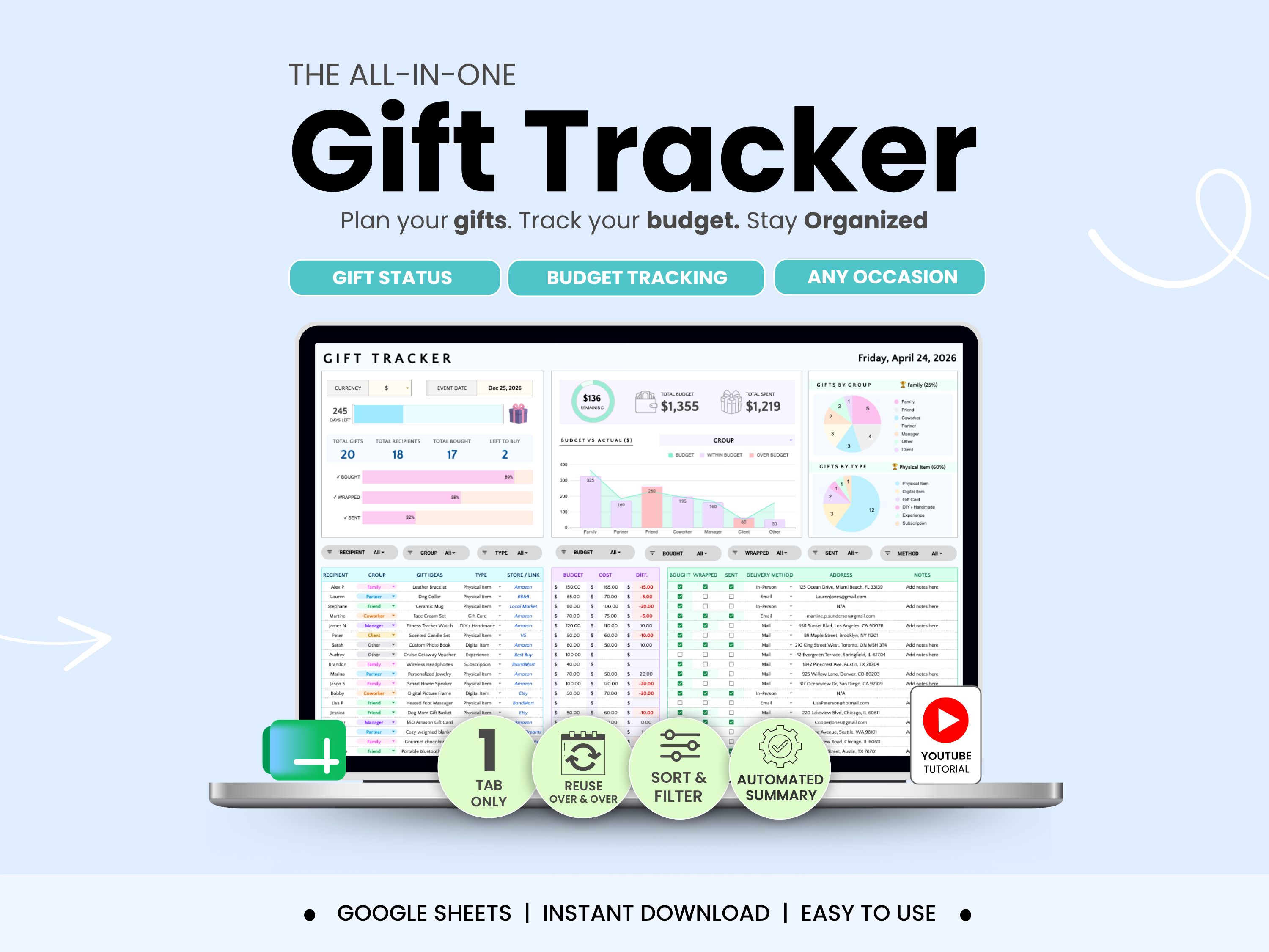 Gift Tracker Spreadsheet by Smart Kit Designs