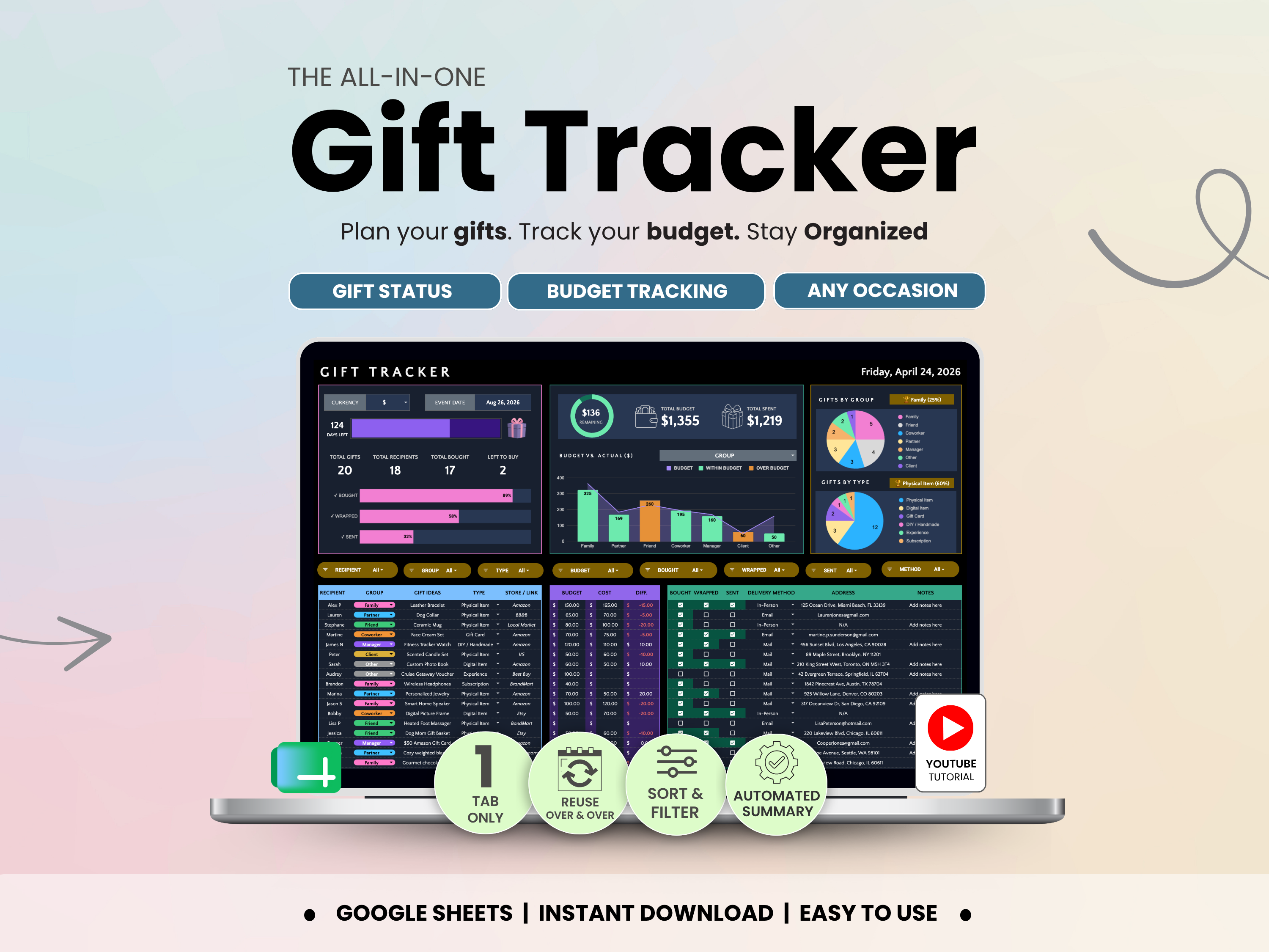 Gift Tracker Spreadsheet by Smart Kit Designs