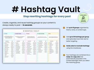 Hashtag Vault software interface with hashtag management features on a light blue background