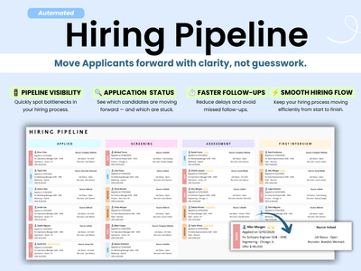 Hiring Pipeline software interface with application status tracking and automated follow-ups.