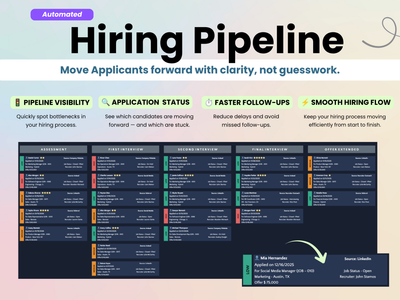 Hiring Pipeline software interface with text and color-coded sections on a gradient background