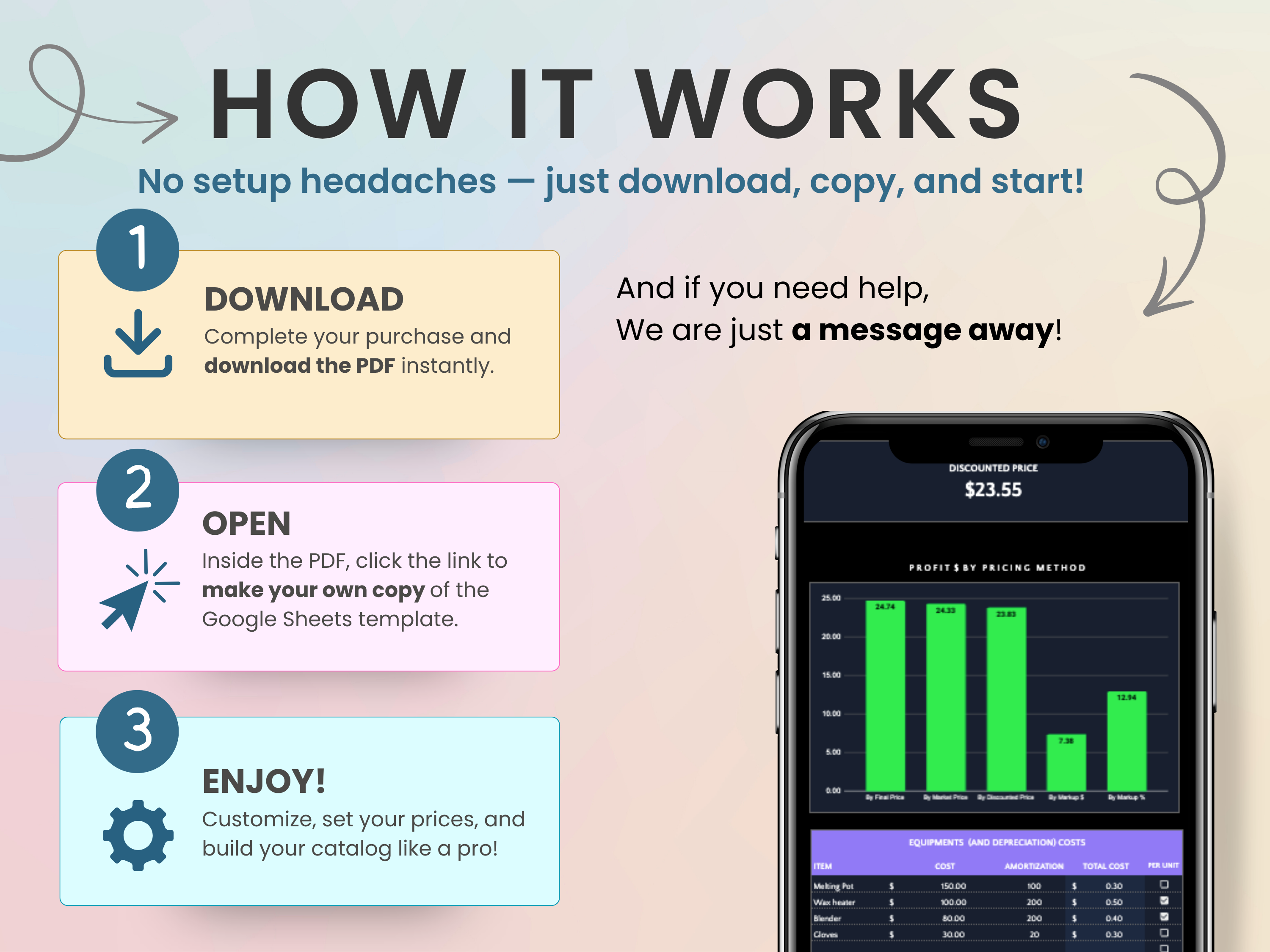 Step-by-step guide on how to use a product or service with a smartphone displaying a graph.