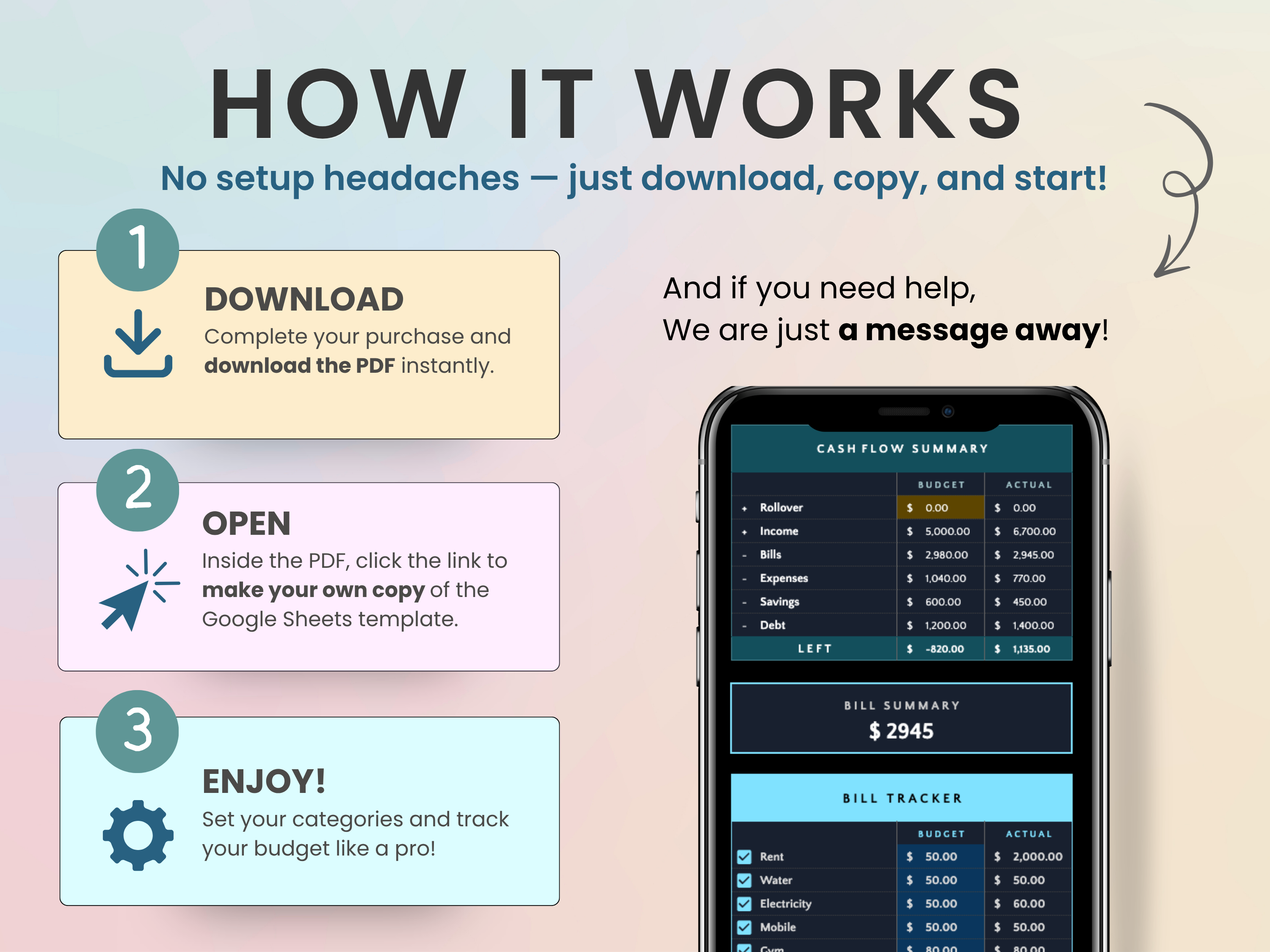 Step-by-step guide on how to use a budgeting app with smartphone display.