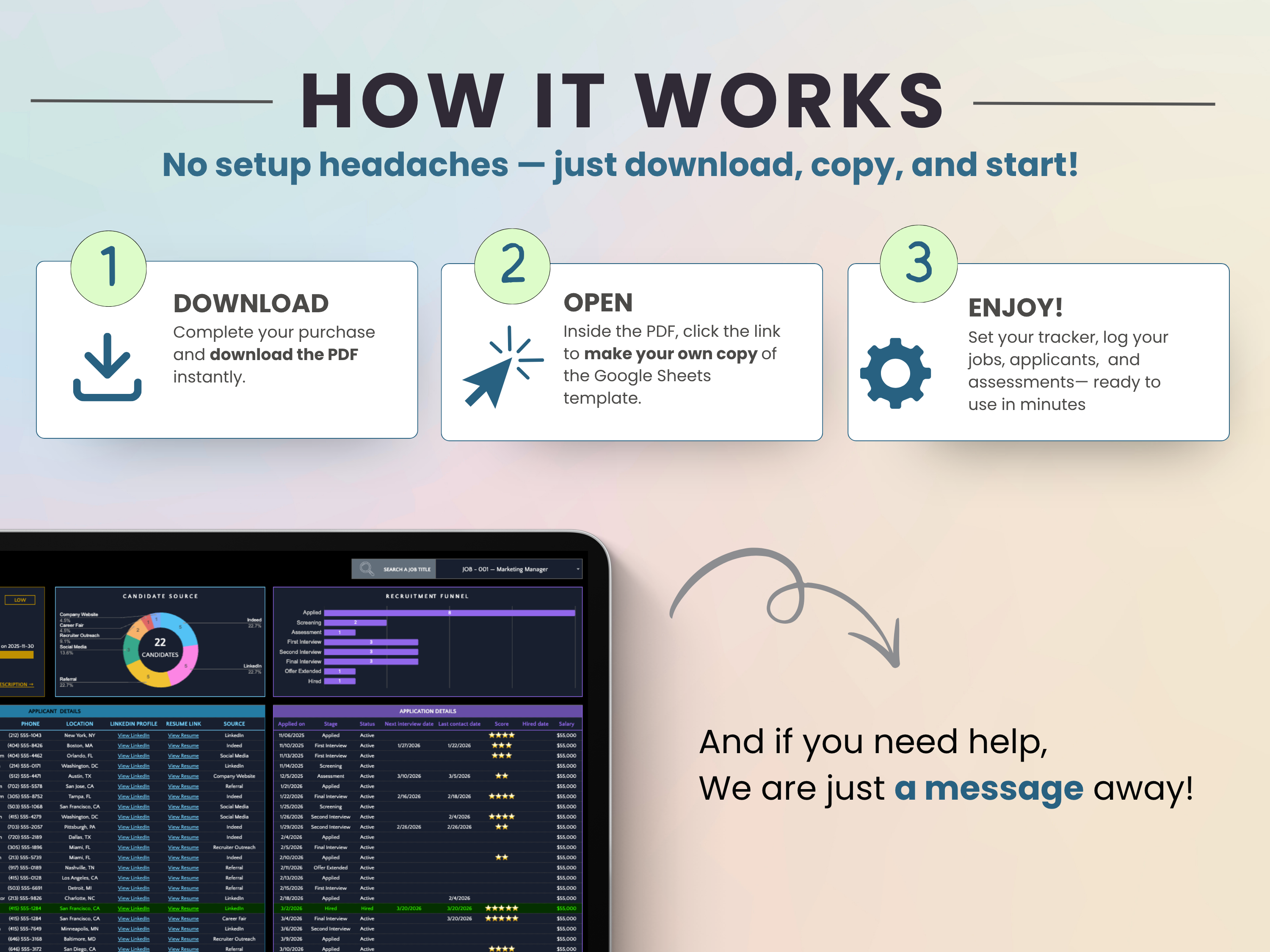 Step-by-step guide on how to use a software product with a laptop displaying a spreadsheet application.